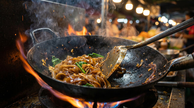 Pad See Ew Wide Rice Noodles Stir-Frying in Black Iron Wok over Gas Flame at Thai Night Market