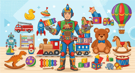 Fototapeta premium Vibrant illustration of a robot character surrounded by various classic toys including a teddy bear, train, blocks, and rocking horse on a light wooden floor with a soft blue backdrop.