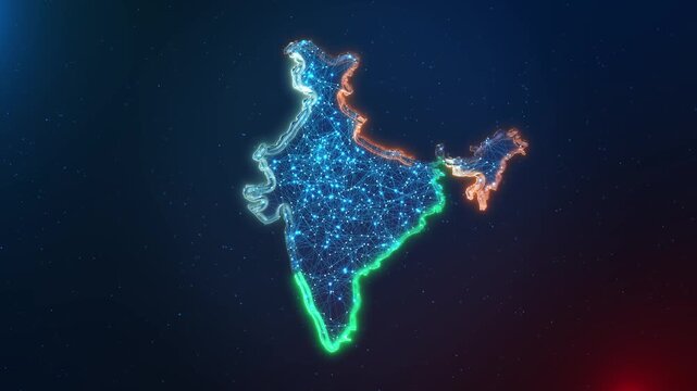 Abstract digital india map animation particle effects glowing points Cyber digital India country global tech innovation, stock market economy program track location virtual space Indian Rupee