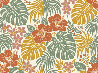 Seamless Tropical Floral Pattern with Hibiscus Flowers and Monstera Leaves in Vintage Muted Tones for Wallpaper and Textile Design © Tutik