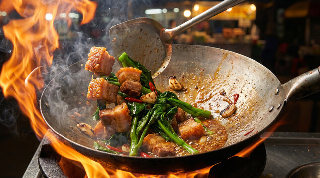 Pad Kana Moo Krob Crispy Pork Belly and Chinese Broccoli Stir-Fry in Wok with Dramatic Fire