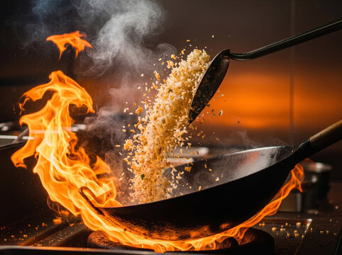Fried Rice Dramatically Tossed from Spatula over Roaring Wok Hei Flames in Professional Kitchen