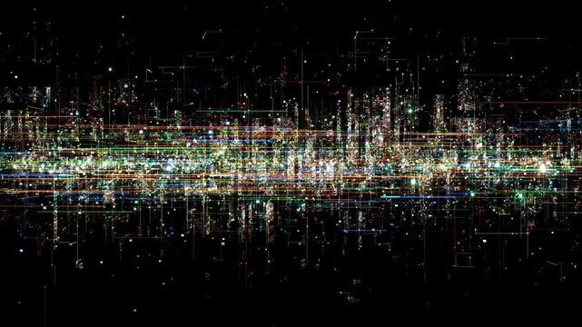 Complex digital cityscape glowing lines data connections spreading background, information flow network systems. lights depth structure. smart city visuals, big data concepts, technology backgrounds.