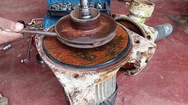Technician Removing the Brass Impeller Fastening Nut from the Rotor Shaft of a Water Pump