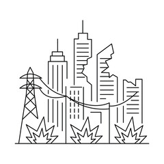 Obraz premium War zone city line art. Destroyed buildings with explosion and power line icons.Editable stroke, Vector illustration, Line art Icon, Symbols.