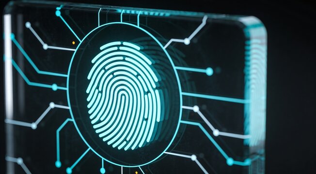 Enterprise access control and biometric authentication background featuring a cyan digital fingerprint on clear glass, dark premium copy space for IAM, secure login and privacy platforms