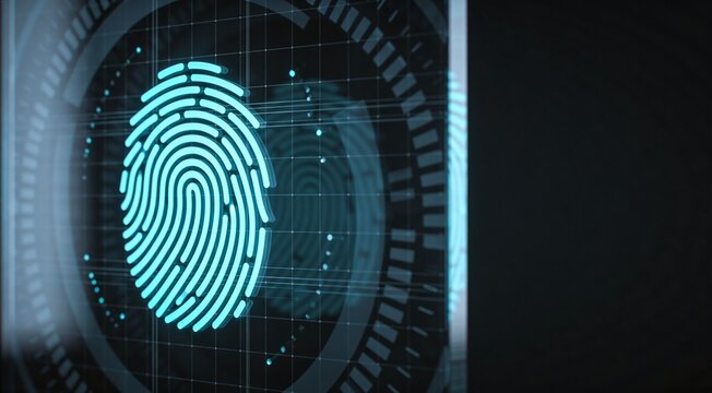 Zero-Trust identity verification background with glowing cyan fingerprint icon on transparent glass panel, premium enterprise biometric authentication visual for access control and cybersecurity