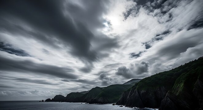 Dramatic cloudscape over a coastal mountain range with long exposure effect