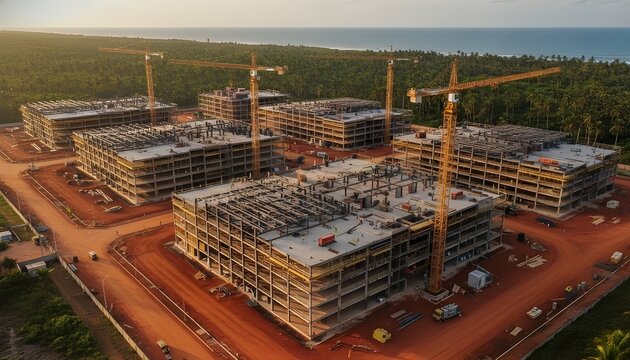 Aerial view of large data center complex under construction in tropical northeastern Brazil with cranes red soil and Atlantic ocean