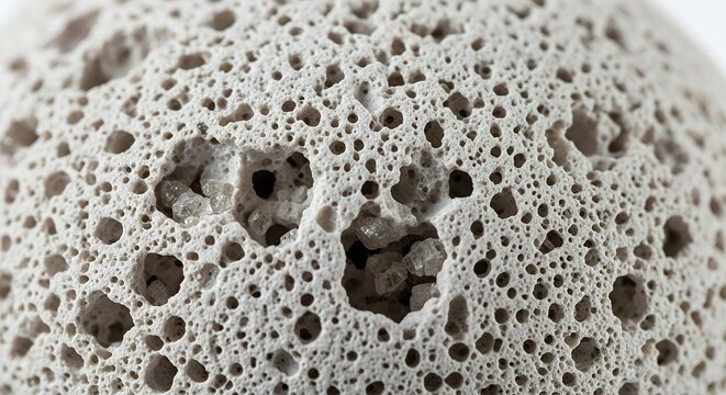 Close-up of a porous, textured surface with varying shades of grey and white, showcasing intricate holes and an uneven, sponge-like structure.