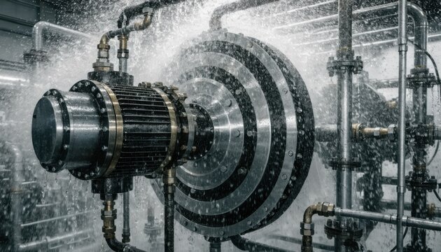 Medium shot capturing factory test stand with water brake system showing mechanical components under water resistance for load testing and efficiency assessment.