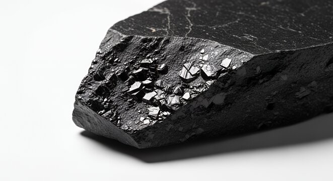 Close-up of a raw, jagged piece of black coal on a white background, showcasing its rough texture and natural luster.