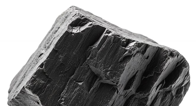 Close-up of a raw, jagged piece of coal, showcasing its dark, lustrous surface and natural texture.