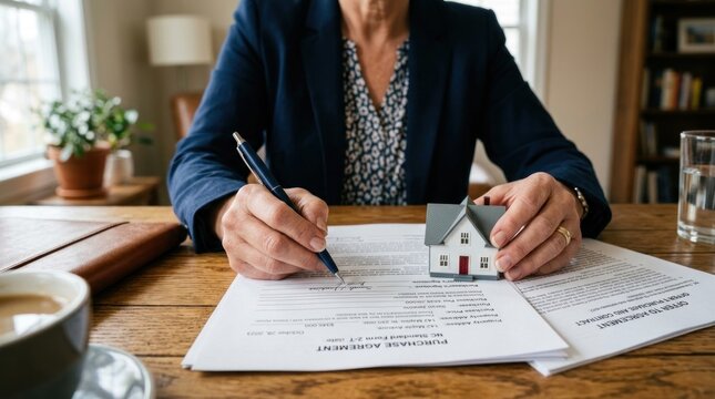 Person holds a small model house and pen over document