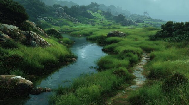 River flows through green grass fields near rocky landscape