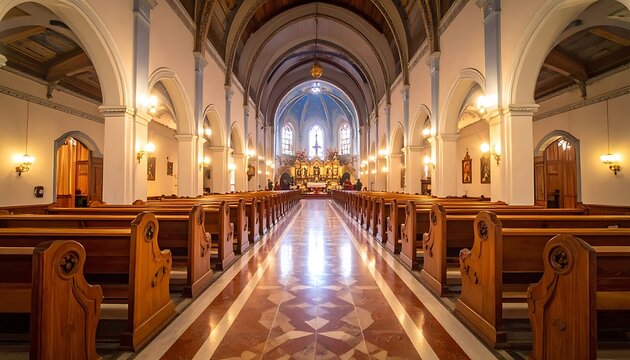 A long shot of an empty church with rows of wooden pews and an altar at the far end
