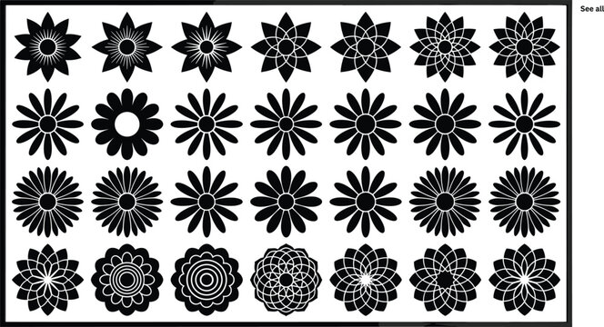 Minimalist Geometric Flower and Mandala Icon Set featuring 28 Modern Nature Symbols and Abstract Circular Line Art Designs