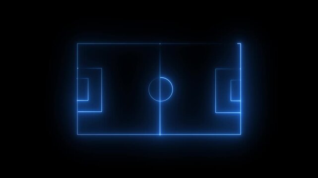 Animation of neon sports stadium on black background with neon lights match football isometric field video animation, Soccer field stadium or football lawn with panoramic. neon lights video animation