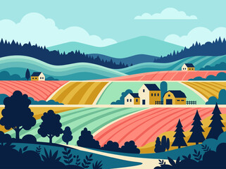 Obraz premium Flat Design Colorful Rural Landscape with Farm Houses and Rolling Fields under Mountains - Vector Illustration Style