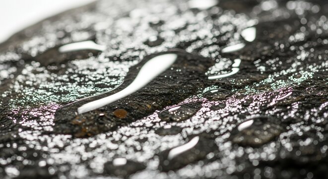 Close-up of water droplets on a dark, textured surface, showcasing the hydrophobic effect and surface tension.