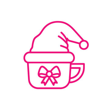 Pink line art of a mug with a bow and a Santa hat on top  holiday drink symbol