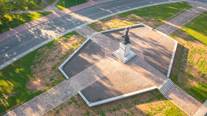 Fototapeta premium Rezekne, Latgale ,Latvija. Aerial photo from drone to of Rezekne city center at sunrise. (Series)