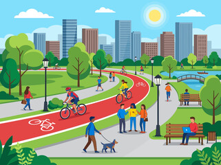 Naklejka premium Modern Urban Park with People Cycling, Jogging, and Relaxing Against a Cityscape Background - Flat Vector Illustration for Sustainable Living and Healthy Lifestyle Concepts