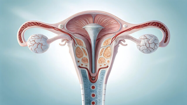 Anatomical illustration of the female reproductive system focusing on the uterus and fallopian tubes