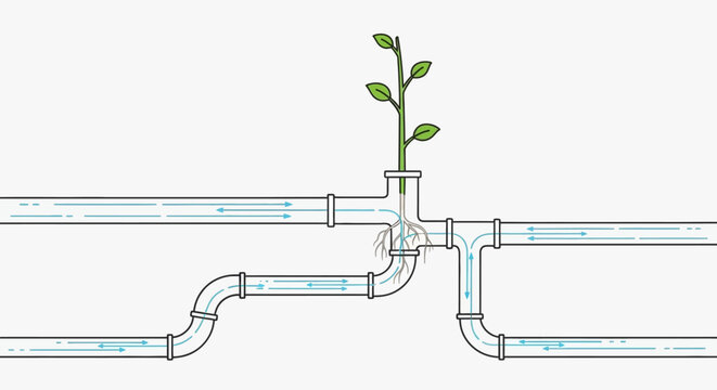 A green plant sprouts from a pipe.