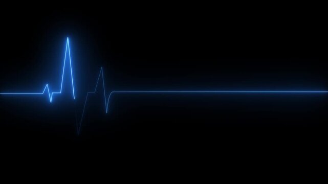 Medical concept of a heartbeat waveform fading to a flatline on a dark background representing. neon heart cardiogram animation on black background. Neon glowing Heartbeat line.4k video animation 