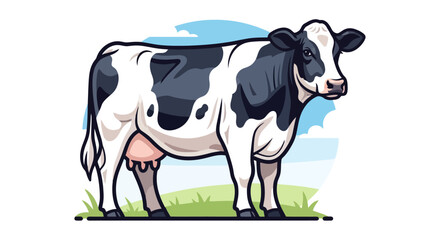Fototapeta premium A detailed vector illustration of a black and white Holstein dairy cow standing in a green pasture under a blue sky.