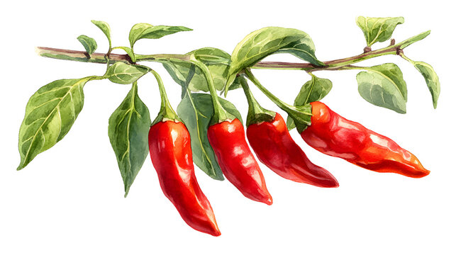 Red hot chili pepper. Botanical branch. Hand drawn watercolor illustration of vegetables isolated on white. For cards, labels, packages, banner for Harvest day and Vegetarian day.