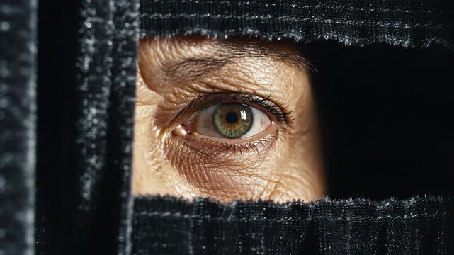 extreme close up of Human eye watching through narrow gap in black fabric, 4k Video