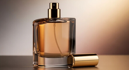 Fototapeta premium A bottle of perfume with its cap off on a table indoors.