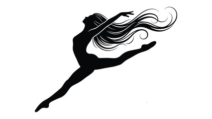 Ballerina performs a graceful mid-air leap with flowing hair silhouette. © Shammii