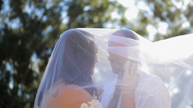 Bridge and groom share smile under gossamer veil in golden outdoors
