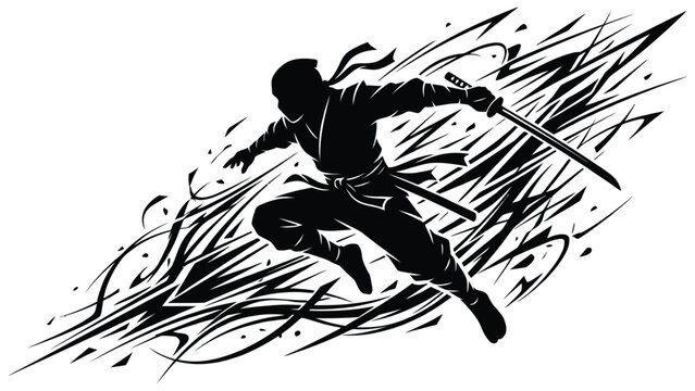 Martial artist executes high kick with flowing energy lines in silhouette.