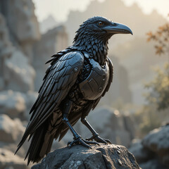 Fototapeta premium Robotic Raven with Glossy Metal Feathers