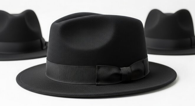 Three black fedoras with wide brims and ribbons on white background stylish hats for men or women fashion accessory