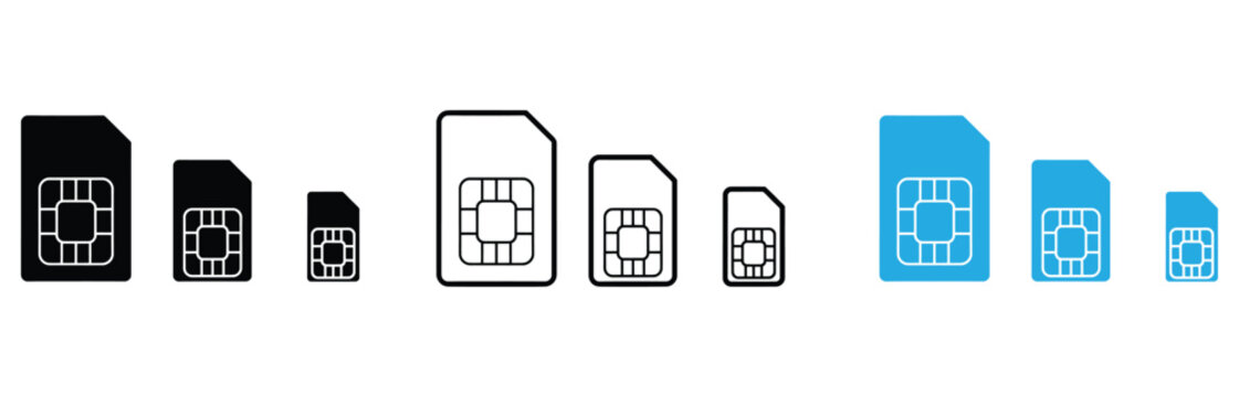 Collection of various SIM card icons in different sizes and colors for mobile devices and telecommunications