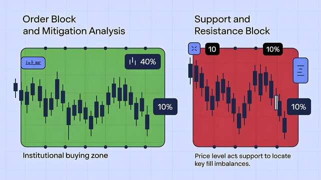 Technical analysis charts for financial markets, showing price action patterns, institutional buying zones, and key support and resistance levels for strategic trading