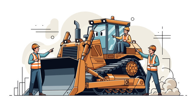 Three construction workers operating and inspecting a large yellow bulldozer on a job site, wearing safety gear.