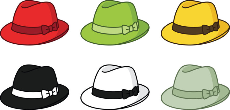 Stylish fedora hats collection in various colors featuring classic fashion accessories with ribbon bands in clean cartoon vector illustration
