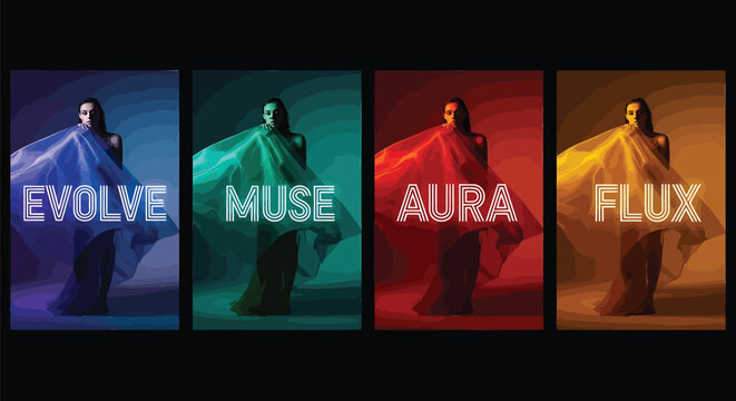 Abstract woman silhouettes, colorful aura effects, evolve muse flux icons, spiritual energy