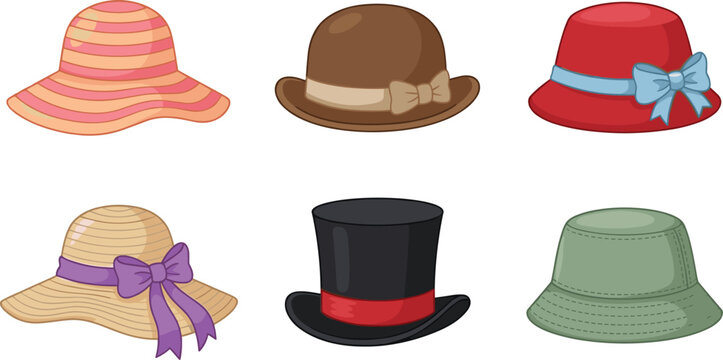Stylish hats collection featuring sun hats, bowler hat, top hat, and bucket hat in colorful cartoon vector illustration set