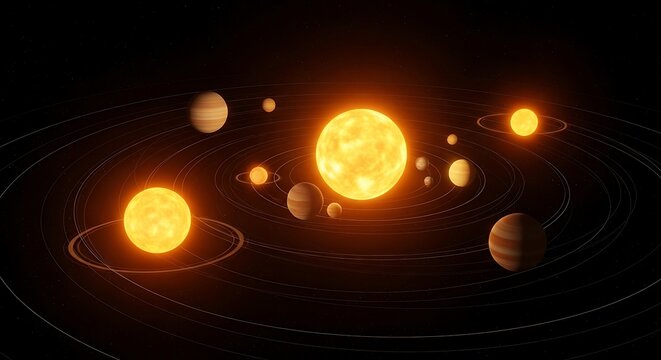 Solar System Visualization - Planets Orbiting Stars in Deep Space.