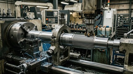 Obraz premium Medium shot of a hightorque shaft undergoing precise turning and milling to create solid long power transmission shafts with integrated splines for enhanced mechanical performance.