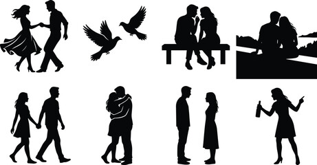 Fototapeta premium Romantic Couple Silhouettes Set Love Relationship Dating Walking Hugging and Dancing Scenes Collection for Valentine Lifestyle Design