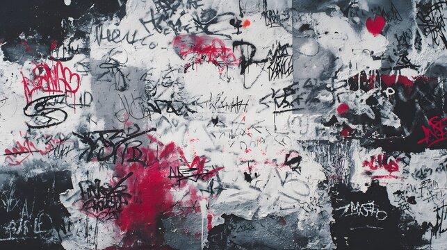 Abstract wall scribbles background. Street art graffiti texture with tags, drawings, inscriptions and spray paint stains