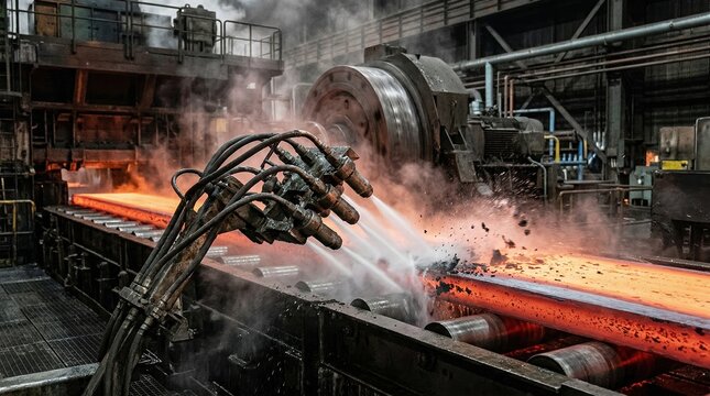 Dynamic medium shot capturing edge spray nozzles on rotating mill descaler blasting scale off redhot slabs ensuring smooth metal finishing process.